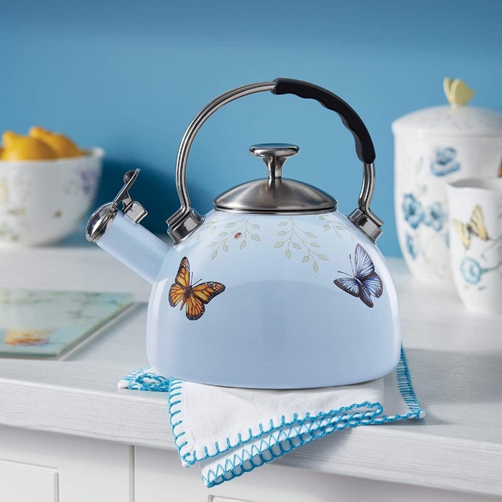 new BLUE Lenox Butterfly Meadow 2.5-Quart Whistling Tea Kettle in manf brown box